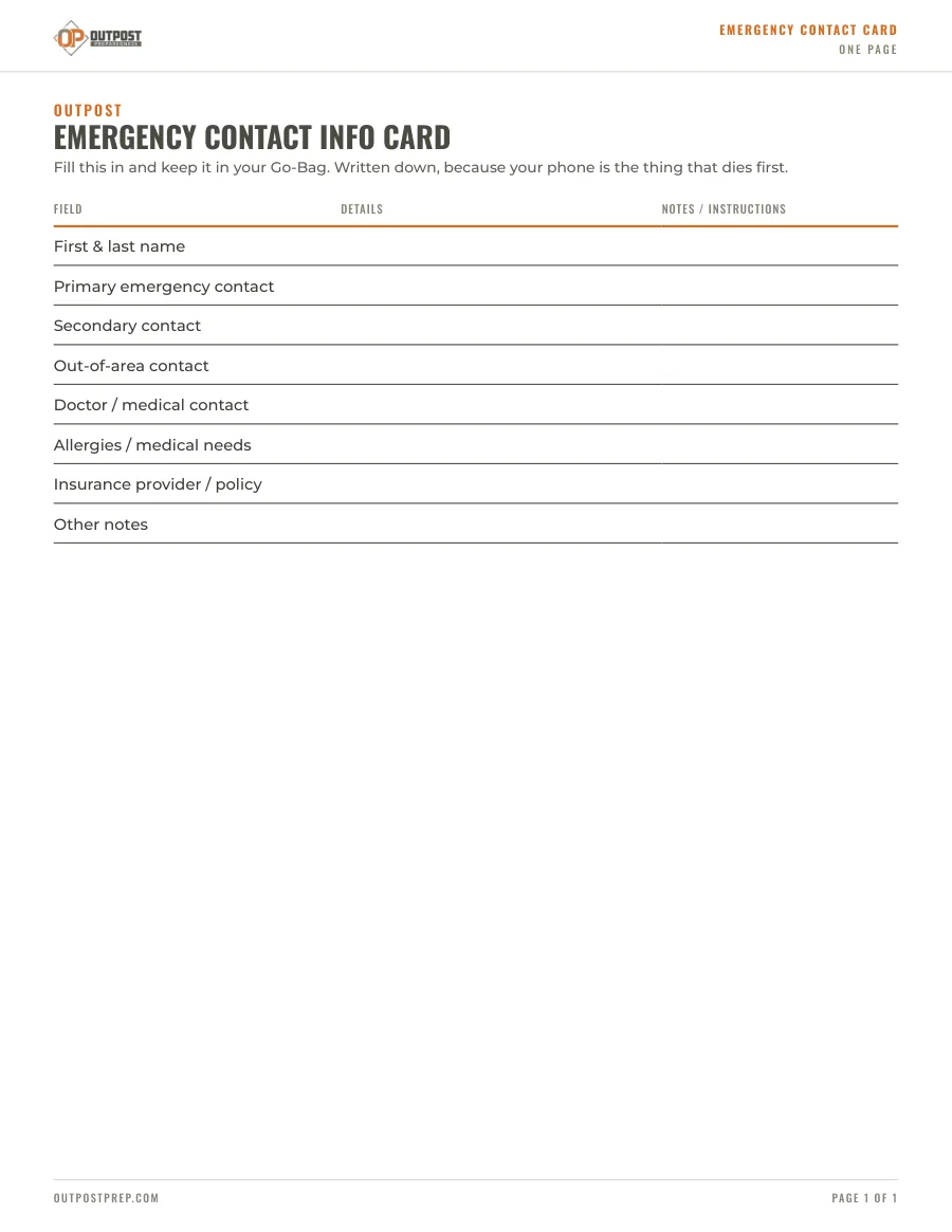 First page of Emergency Contact Info Card