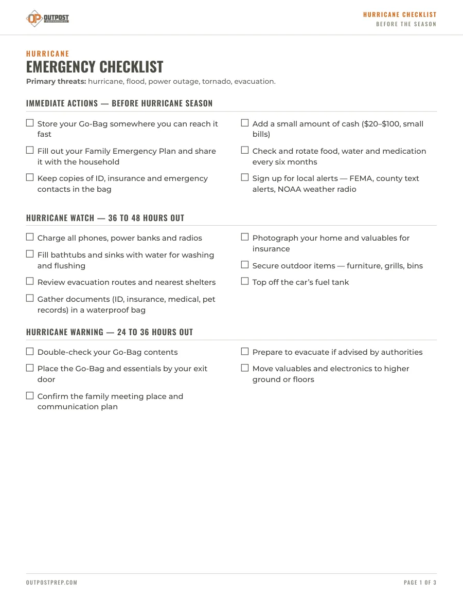 First page of Hurricane Emergency Checklist